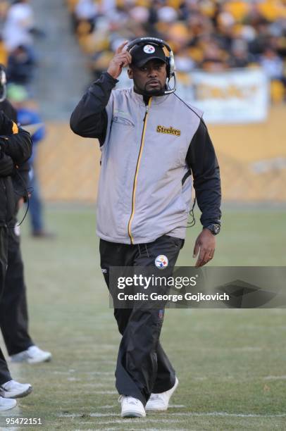 Head coach Mike Tomlin of the Pittsburgh Steelers looks on from the sideline during a game against the Baltimore Ravens at Heinz Field on December...