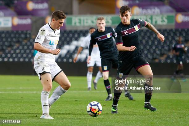 Daniel James of Swansea City is marked by Mitchell Clark of Aston Villa during the Premier League Cup Final match between Swansea City U23s and Aston...