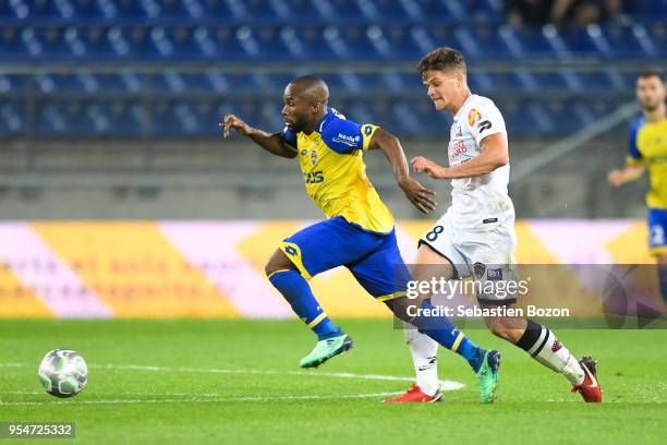 Aldo Kaluklu of FC Sochaux Montbeliard and Joseph Romeric Lopy of Clermont during the French Ligue 2 match between Sochaux and Clermont at Stade...
