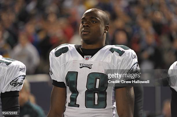 Wide Receiver Jeremy Macklin of the Philadelphia Eagles stands on the sideline during the game against the New York Giants on December 13, 2009 at...