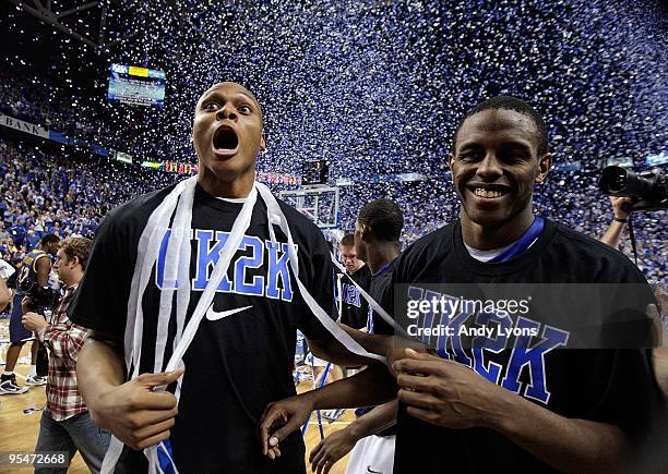 Daniel Orton Darius Miller of the Kentucky Wildcats celebrate following the 88-44 victory over the Drexel Dragons at Rupp Arena on December 21, 2009...