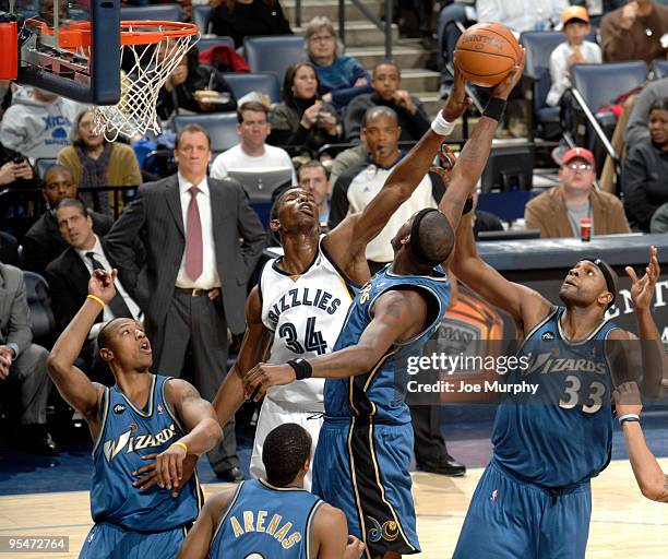 Hasheem Thabeet of the Memphis Grizzlies blocks a shot attempted by Dominic McGuire of the Washington Wizards on December 28, 2009 at FedExForum in...