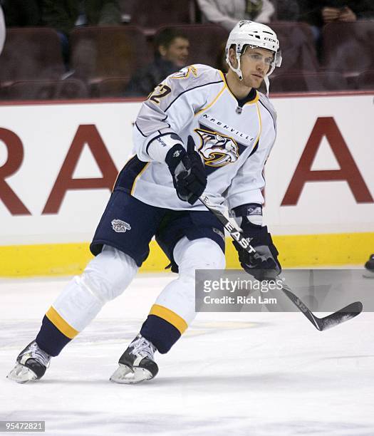 Alexander Sulzer of the Nashville Predators takes part in the team's pre-game skate prior to their NHL game against the Vancouver Canucks on December...