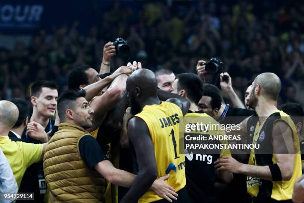 S players celebrate after victory during the final four Champions League basketball game between AEK B.C. And UCAM Murcia at the OAKA Stadium, in...