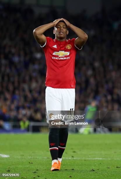 Anthony Martial of Manchester United reacts during the Premier League match between Brighton and Hove Albion and Manchester United at Amex Stadium on...