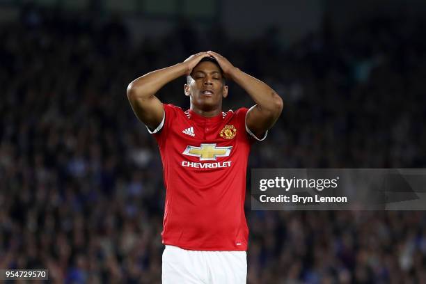 Anthony Martial of Manchester United reacts during the Premier League match between Brighton and Hove Albion and Manchester United at Amex Stadium on...