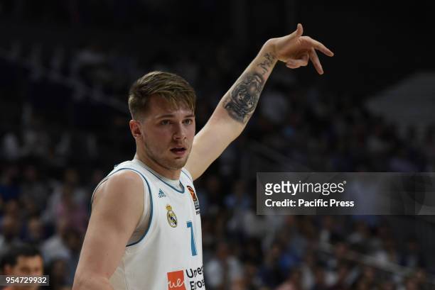 Luka Doncic, #7 of Real Madrid gestures during the 2017/2018 Turkish Airlines Euroleague Play Offs Game 3 between Real Madrid and Panathinaikos...