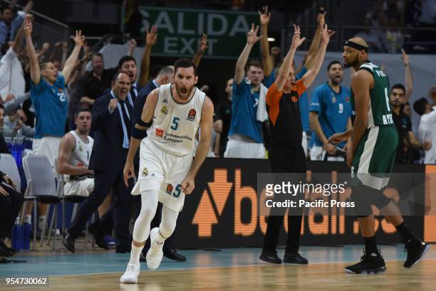 Rudy Fernandez, #5 of Real Madrid celebrates after a three point shot during the 2017/2018 Turkish Airlines Euroleague Play Offs Game 3 between Real...