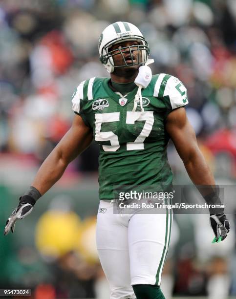 Bart Scott of the New York Jets looks on against the Buffalo Bills at Giants Stadium on October 18, 2009 in East Rutherford, New Jersey. The Bills...