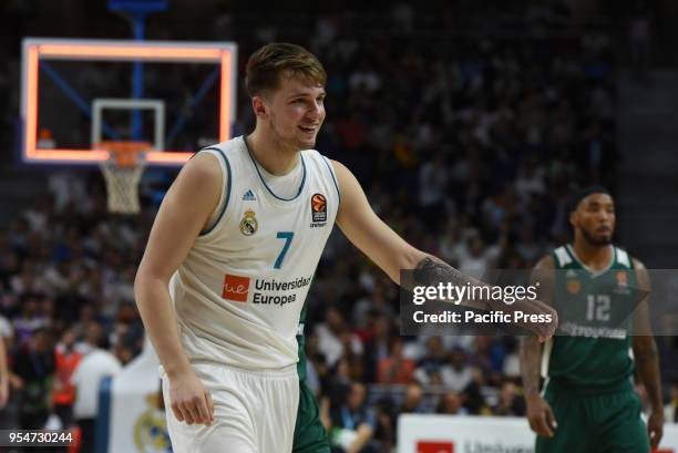 Luka Doncic, #7 of Real Madrid gestures during the 2017/2018 Turkish Airlines Euroleague Play Offs Game 3 between Real Madrid and Panathinaikos...