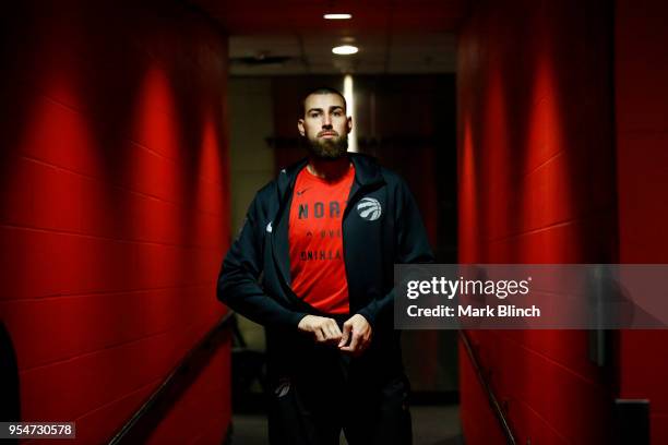 Jonas Valanciunas of the Toronto Raptors enters the arena prior to Game Two of the Eastern Conference Semifinals during the 2018 NBA Playoffs against...