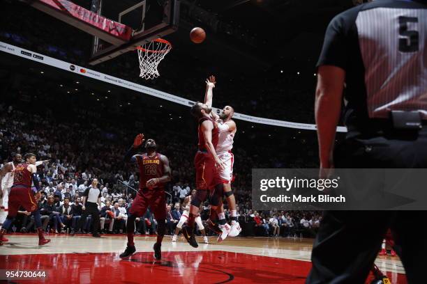 Jonas Valanciunas of the Toronto Raptors shoots the ball against the Cleveland Cavaliers in Game Two of the Eastern Conference Semifinals during the...