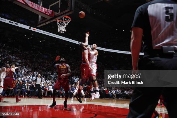 Jonas Valanciunas of the Toronto Raptors shoots the ball against the Cleveland Cavaliers in Game Two of the Eastern Conference Semifinals during the...