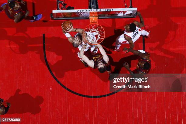 Jonas Valanciunas of the Toronto Raptors shoots the ball against the Cleveland Cavaliers in Game Two of the Eastern Conference Semifinals during the...