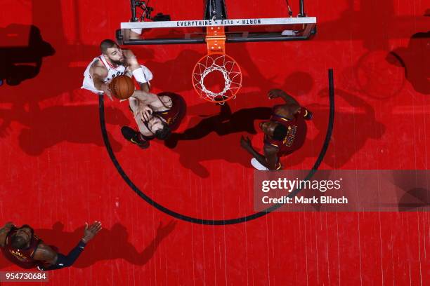 Jonas Valanciunas of the Toronto Raptors shoots the ball against the Cleveland Cavaliers in Game Two of the Eastern Conference Semifinals during the...