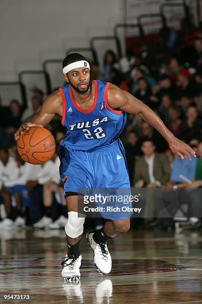 Mustafa Shakur of the Tulsa 66ers moves the ball against the Maine Red Claws during the NBA D-League game on December 13, 2009 at the Portland Expo...