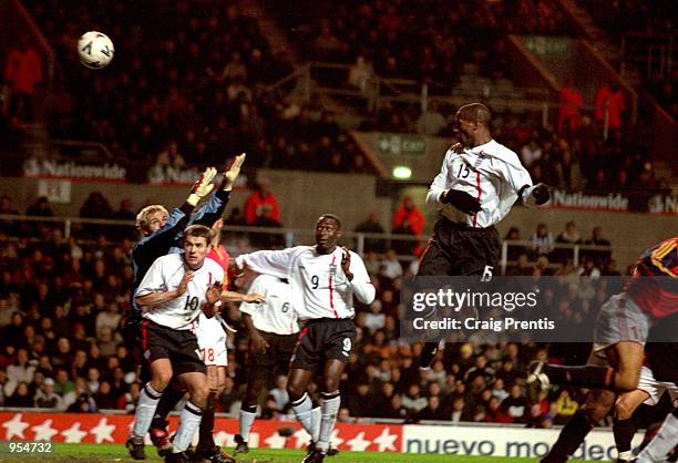 Ugo Ehiogu of England scores the third goal during the International Friendly match against Spain played at Villa Park, in Birmingham, England....