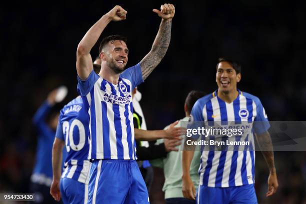 Shane Duffy of Brighton & Hove Albion celebrates with team-mates at the end of the Premier League match between Brighton and Hove Albion and...