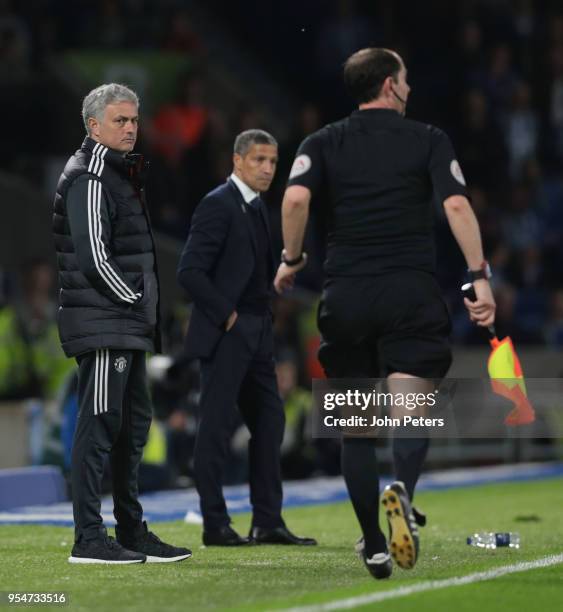 Manager Jose Mourinho of Manchester United watches from the bench during the Premier League match between Brighton and Hove Albion and Manchester...