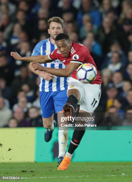 Anthony Martial of Manchester United has a shot on goal during the Premier League match between Brighton and Hove Albion and Manchester United at...