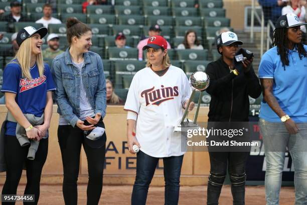 Head Coach Cheryl Reeve of the Minnesota Lynx throws out the first pitch at the Minnesota Twins game on May 1, 2018 at Target Field in Minneapolis,...