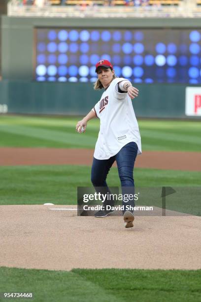 Head Coach Cheryl Reeve of the Minnesota Lynx throws out the first pitch at the Minnesota Twins game on May 1, 2018 at Target Field in Minneapolis,...