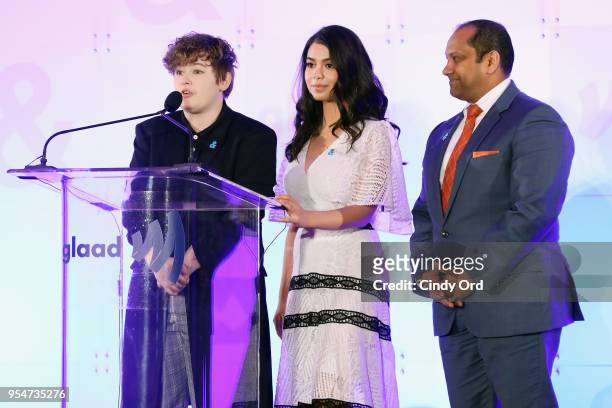 Ellie Desautels, Auli'i Cravalho and Salvador Mendoza speak onstage during Rising Stars at the GLAAD Media Awards on May 4, 2018 at the New York...
