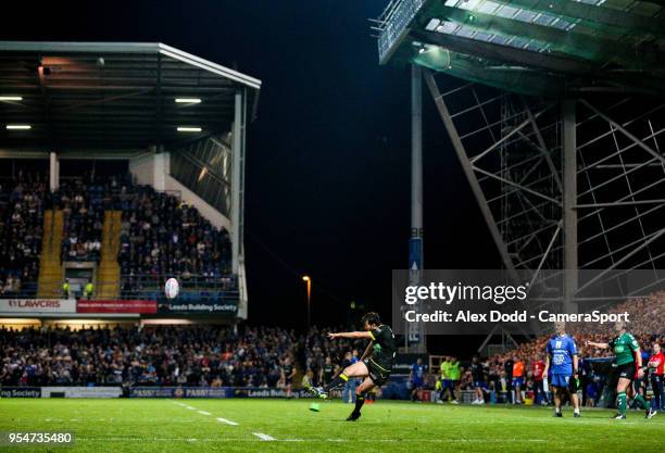 Warrington Wolves 's Stefan Ratchford kicks at goal during the Betfred Super League Round 14 match between Leeds Rhinos and Warrington Wolves at...