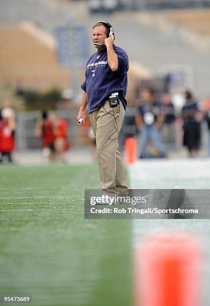 Head Coach Bill Belichick of the New England Patriots looks on from the sidelines against the Baltimore Ravens at Gillette Stadium on October 4, 2009...