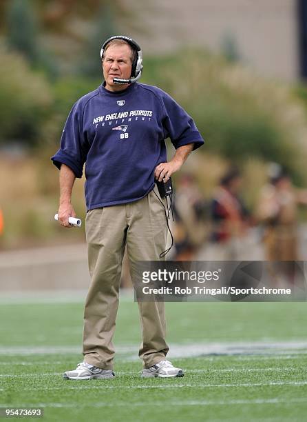 Head Coach Bill Belichick of the New England Patriots looks on against the Baltimore Ravens at Gillette Stadium on October 4, 2009 in Foxboro,...