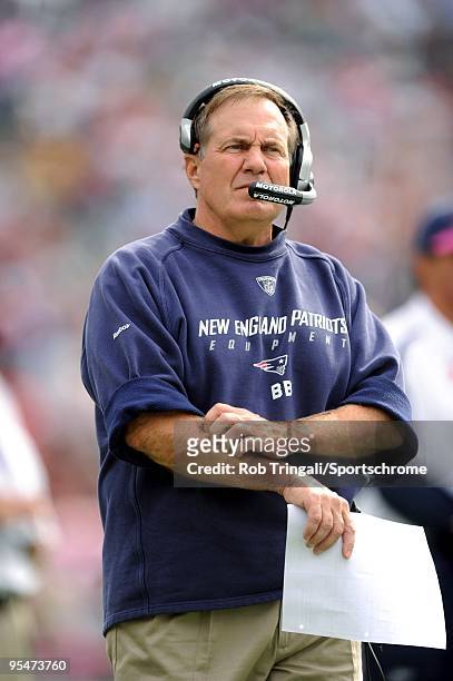 Head Coach Bill Belichick of the New England Patriots looks on against the Baltimore Ravens at Gillette Stadium on October 4, 2009 in Foxboro,...