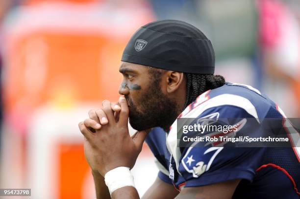 Randy Moss of the New England Patriots looks on against the Baltimore Ravens at Gillette Stadium on October 4, 2009 in Foxboro, Massachusetts. The...