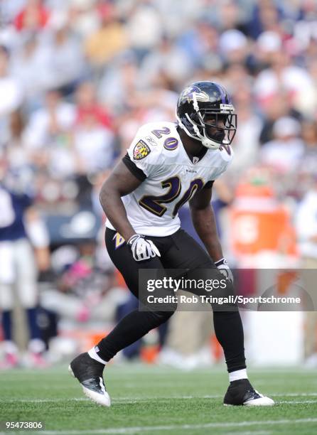 Ed Reed of the Baltimore Ravens defends against the New England Patriots at Gillette Stadium on October 4, 2009 in Foxboro, Massachusetts. The...