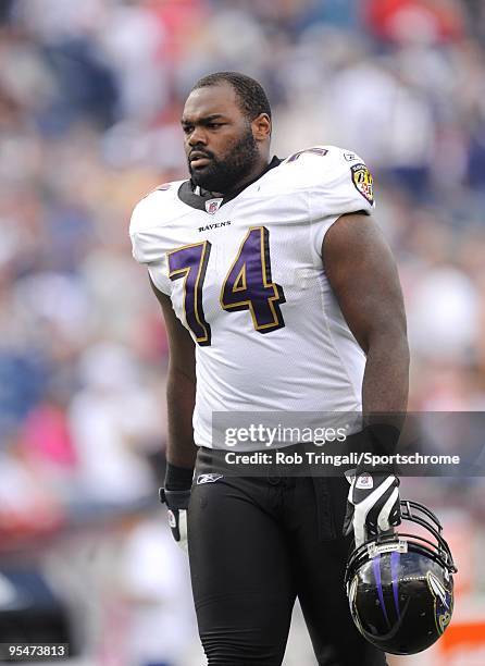 Michael Oher of the Baltimore Ravens walks off the field during the game against the New England Patriots at Gillette Stadium on October 4, 2009 in...