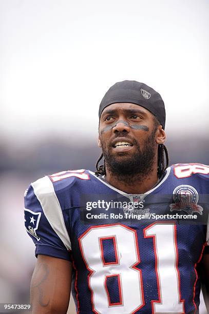 Randy Moss of the New England Patriots looks on against the Baltimore Ravens at Gillette Stadium on October 4, 2009 in Foxboro, Massachusetts. The...