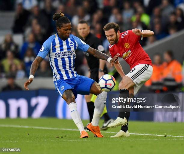 Brighton & Hove Albion's Gaetan Bong battles with Manchester United's Juan Mata during the Premier League match between Brighton and Hove Albion and...