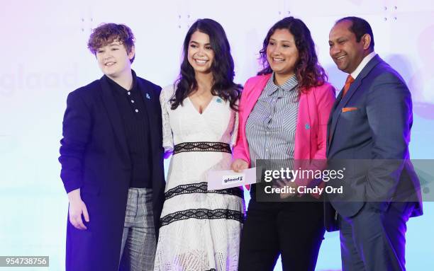 Ellie Desautels, Auli'i Cravalho, Priscila Alegria Nunez and Salvador Mendoza speak onstage during Rising Stars at the GLAAD Media Awards on May 4,...