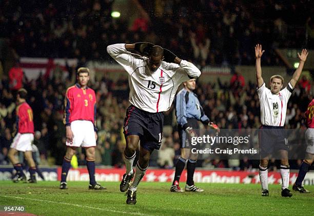 Ugo Ehiogu celebrates his goal for England during the International Friendly against Spain played at Villa Park in Birmingham, England. England won...