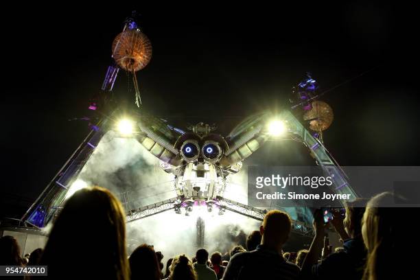 Artists perform during the Arcadia 10th Anniversary Metamorphosis show rehearsals at Queen Elizabeth Park on May 4, 2018 in London, United Kingdom....