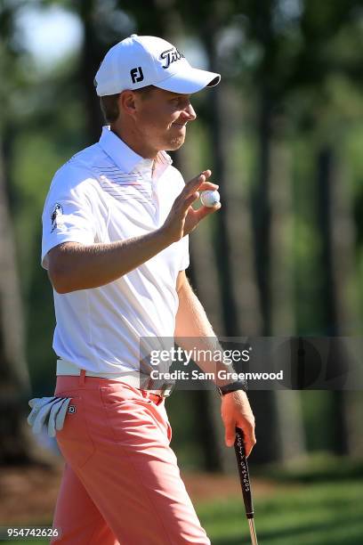 Peter Malnati reacts after his par putt on the ninth green during the second round of the 2018 Wells Fargo Championship at Quail Hollow Club on May...