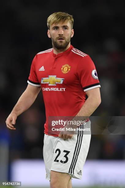 Luke Shaw of Manchester United looks on during the Premier League match between Brighton and Hove Albion and Manchester United at Amex Stadium on May...