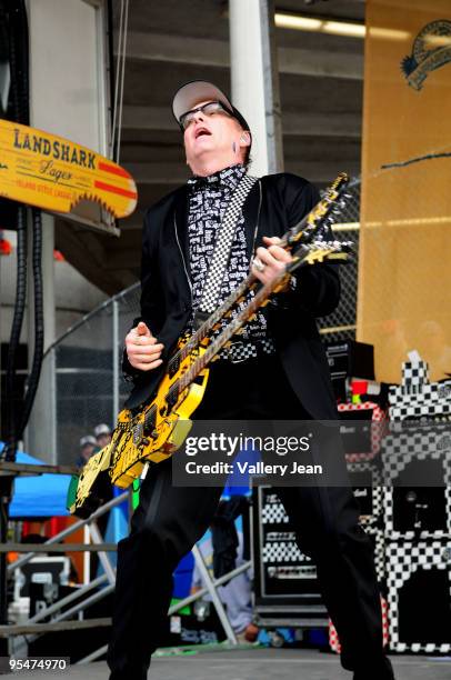 Rick Nielsen of Cheap Trick performs at the tailgate stage at the Miami Dolphins game at Landshark Stadium on December 27, 2009 in Miami, Florida.