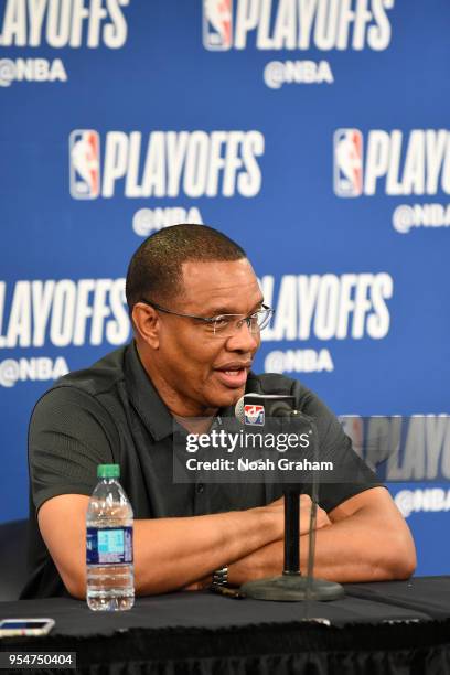 Head Coach Alvin Gentry of the New Orleans Pelicans speaks to the media before Game Three of the Western Conference Semifinals against the Golden...