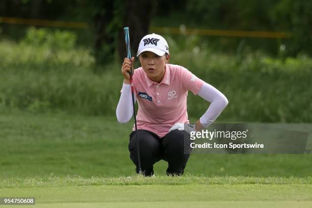 Lydia Ko of New Zealand lines up her chip on the green during the First Round of the Volunteers of America Texas Classic on May 4, 2018 at the Old...