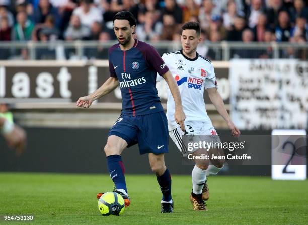 Javier Pastore of PSG, Quentin Cornette of Amiens during the Ligue 1 match between Amiens SC and Paris Saint Germain at Stade de la Licorne on May 4,...