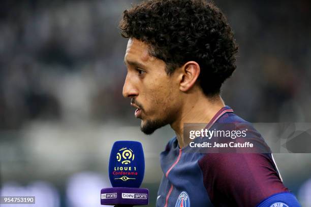 Marquinhos of PSG answers to beIN Sports following the Ligue 1 match between Amiens SC and Paris Saint Germain at Stade de la Licorne on May 4, 2018...