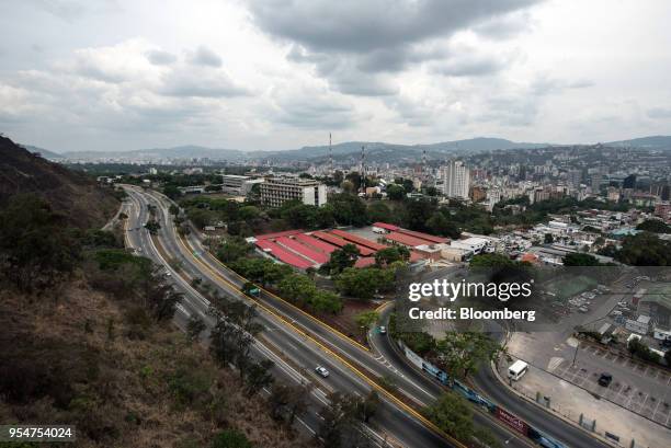 An aerial view of Caracas is seen from a cable car, recently reopened to coincide with the rebuilding of the Humboldt Hotel, while traveling through...