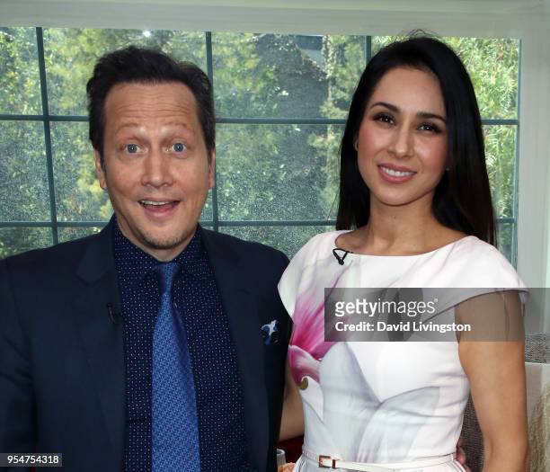 Actor Rob Schneider and producer Patricia Azarcoya Schneider visit Hallmark's "Home & Family" at Universal Studios Hollywood on May 4, 2018 in...