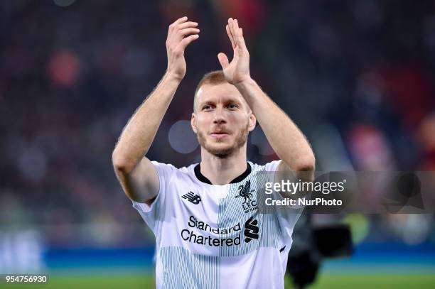 Ragnar Klavan of Liverpool celebrates the victory during the UEFA Champions League Semi Final match between Roma and Liverpool at Stadio Olimpico,...