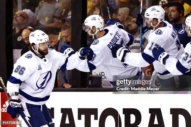 Nikita Kucherov of the Tampa Bay Lightning celebrates after scoring a goal against the Boston Bruins during the first period of Game Four of the...